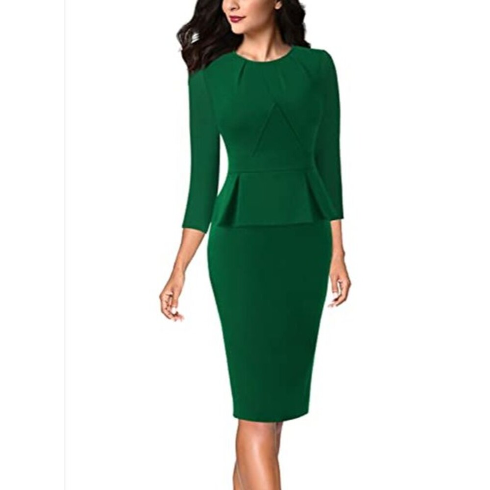 VFShow Emerald Green Pleated Crew Neck Peplum Sheath Dress Size S